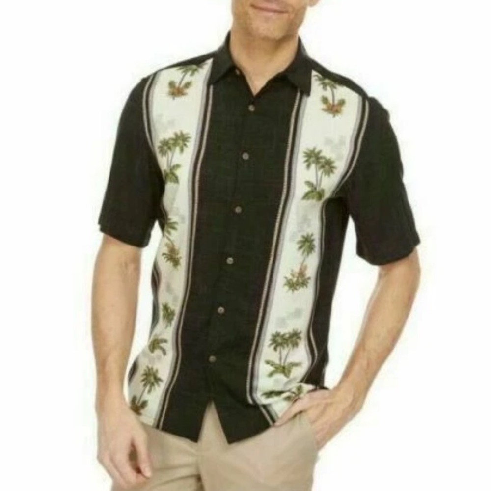 Burma Bibas Mens Large Black Tropical Palm Tree Rayon Short Sleeve Camp Shirt